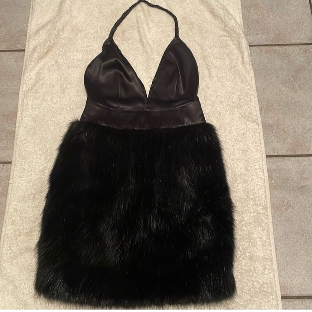 Black Halter Faux-Fur Mini Dress Hera Collection . NWT
